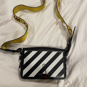 Off White Binder Clip Flap Bag Striped Leather Small Black
